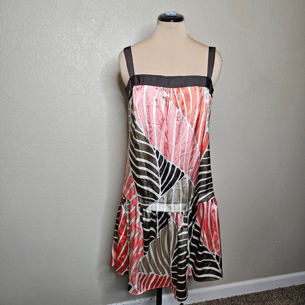 Zara Basic Womens Pink Brown Abstract Print Satin Drop Waist Mini Dress Large
